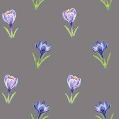 Floral seamless pattern of crocuses drawn by markers on a grey background. For fabric, sketchbook, wallpaper, wrapping paper.