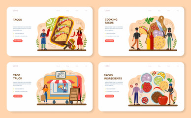 Tacos web banner or landing page set. Traditional mexican fast-food