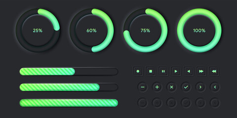 loading bar icon neumorphic set UI UX black style elements download progress load status collection - obrazy, fototapety, plakaty