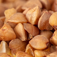 Close-up of buckwheat groats as background.