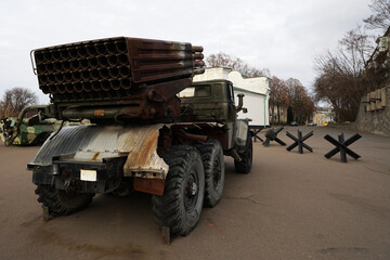 Ukraine Russia conflict war escalation concept, Katyusha multiple rocket launcher truck on display in Kyiv, Ukraine