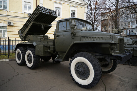 Ukraine Russia tension war concept, Katyusha multiple rocket launcher truck on display in Kyiv, Ukraine