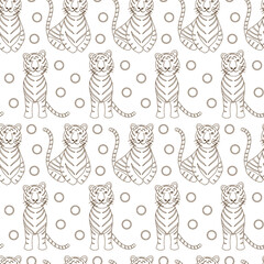 Tiger outline on a white background with circles. Seamless vector pattern.
