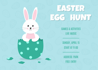 Easter egg hunt banner. Cute white bunny looks out of the decorated egg