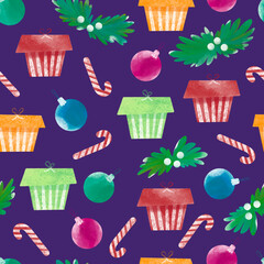 Surface design with Christmas decorative elements. Seamless pattern for wrapping paper design.