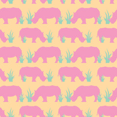 Cute pattern of pink rhinos eating grass, seamless pattern with simple shape of pink rhinos on the light-brown colour background.