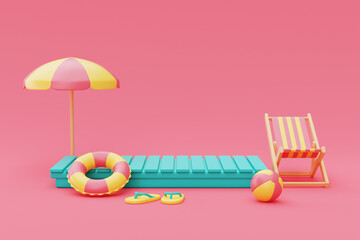 3d rendering of summer vacation concept ,Blue mock up display with beach chairs,umbrella and colorfull summer elements,minimal style.3d render.