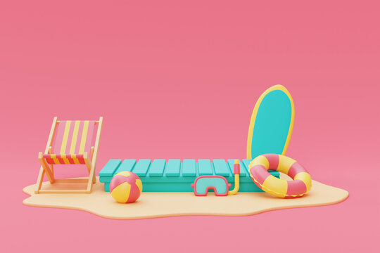 3d rendering of summer vacation concept ,Blue mock up display with beach chairs and colorfull summer elements,minimal style.3d render.