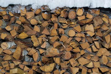 Preparation of firewood for the winter. Firewood background. Background of dry chopped firewood. Wooden background.Stacks of Firewood. 