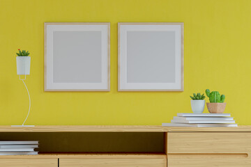 Square wooden frame mockup of two pieces on blank white wall background. 3D rendering, illustration.