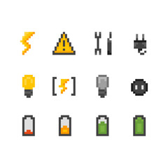 Icon set on electricity and mobile energy theme. Collection of pixel art graphic