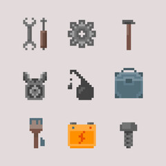 Icon set on mechanic theme. Collection of pixel art graphic