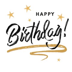 Happy Birthday sign. Hand drawn modern brush lettering with golden stars. For holiday design, postcard, party invitation, banner, poster, T-shirt print design. Isolated illustration
