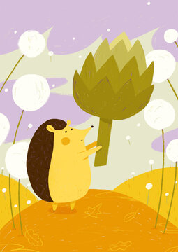 Hedgehog holding an artichoke in an autumnal setting surrounded by dandelions
