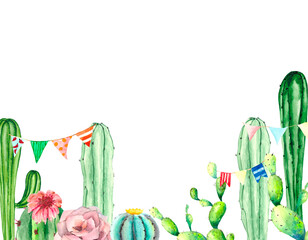 Botanical greeting card with green cacti, pink flowers and bright flags with space for text. Holiday illustration for greetings, posters, invitations and children's books.