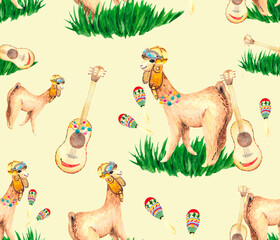 Seamless pattern with cute alpacas on the green grass with musical instruments: guitar and maracas. Fun watercolor background for textiles, packaging, Wallpaper and children's illustrations.