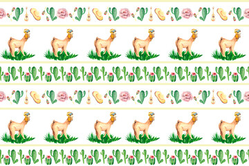 Seamless pattern with an Alpaca pilot on a green lawn, cacti, musical guitar and maracas. Watercolor drawing for textiles, Wallpaper, packaging and original backgrounds on the theme of holiday.