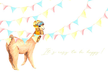 Greeting card with a cute Alpaca pilot in a helmet with glasses and holiday flags on a white background with space for text. Watercolors for invitations, children's illustrations, banners and posters.
