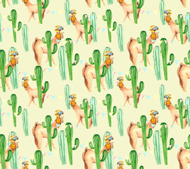 Seamless holiday pattern with cute alpacas, green cacti and a garland of colorful flags. Fun watercolor background for textiles, packaging, Wallpaper and children's illustrations.