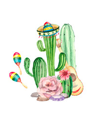 Colorful and bright Mexican illustration with juicy green cacti, a straw hat with chili and musical instruments: maracas and guitar. A watercolor composition about music, adventure, and food.