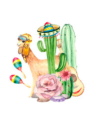 A fun illustration with a cute Alpaca pilot in a helmet, green cacti, a guitar, a Mexican hat and maracas. Watercolor drawing for children's books, illustrations, postcards, clothing and stationery.