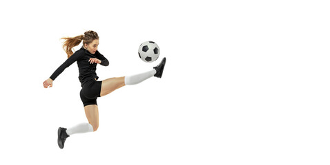 Striker. Professional female soccer, football player in action, motion isolated on white studio background. Sport, action, motion, fitness