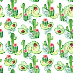 Seamless pattern with green cacti, tropical leaves, juicy avocado slices and pink flowers. Delicious watercolor background for textiles, original Wallpaper, packaging and stationery.