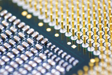 cpu gold pins and chip, microchip processor legs computer component technology. Macro photography Central processing unit - computing