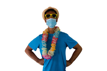 Black man in costume for carnival with pandemic mask isolated. African man in various poses and expressions.