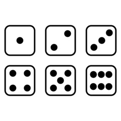 Dice icons vector template. Different numbers of dots or pips from 1 to 6.  Dice playing hazard gamble. illustration