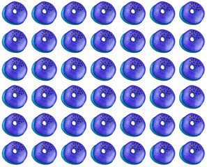 Pattern with blue puffy donuts with sweet sugar icing and sprinkles. Watercolor boho food illustration isolated on white. Design for greeting card, fabric, textile, wallpaper, menu, packaging, print