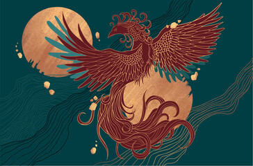 abstract illustration of mythological bird phoenix Fenghuang - obrazy, fototapety, plakaty