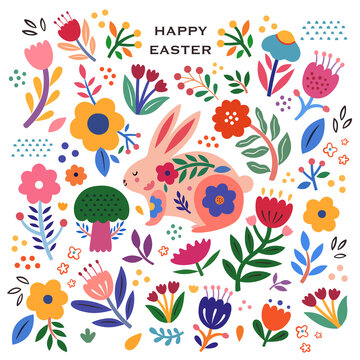 Colorful floral illustration with rabbit. Happy easter greeting card with decorative easter bunny	