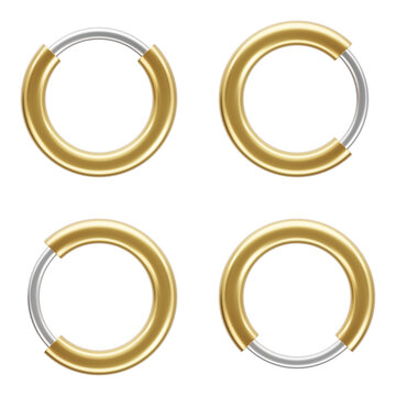 Combination of gold and silver rings. Realistic metal objects set over true white background. Trendy 3d illustration.
