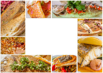 collage de poissons cuisinés  - obrazy, fototapety, plakaty