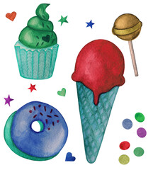 Clipart - lollipop ice cream cupcake candle star. Watercolor food illustration isolated on white. Design for greeting card, fabric, textile, wallpaper, menu, packaging, print, wrapping, baby room.