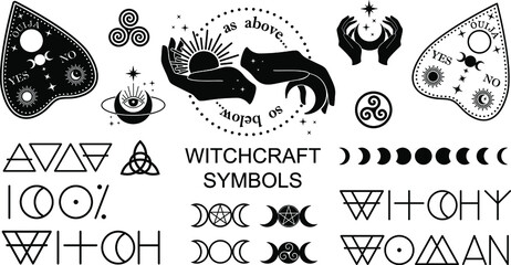 Magical witchy occult signs. mystical symbols. As above so below, witchy woman lettering, ouija, triple moon, moon phases - obrazy, fototapety, plakaty