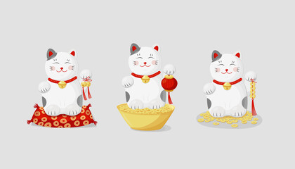 Maneki neko cat and bells, coins, paper lanterns coins on white background. Cartoon vector illustration. Flat style. Funny toy. Traditional asian Isolated object