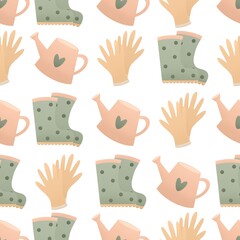 cute gardening spring pattern for kids - rubber boots, gloves and watering can