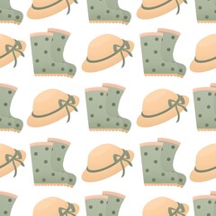 cute spring pattern for kids - a hat with a bow and rubber boots on a white background