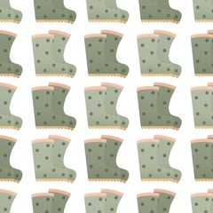 cute spring gardening pattern for kids - rubber green boots on white background