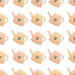 cute spring gardening pattern for kids - pink watering can with heart on white background