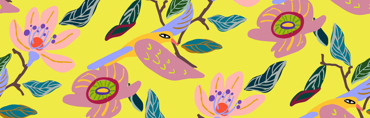 Seamless vector pattern with flowers and bird. Situable for covers, gift wrap and wallpaper