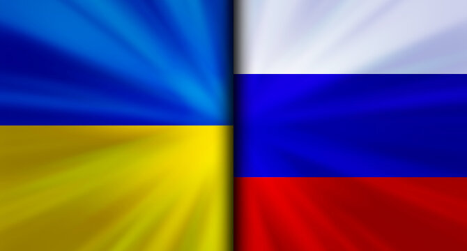 ウクライナvsロシアの対立する国旗経済背景イメージ