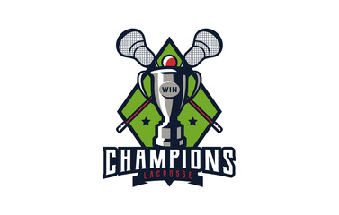 Logo, emblem of lacrosse champions. Colorful cup emblem with sticks and ball on shield background. Lacrosse champions logo template, championship winners, league cup winners. Vector illustration