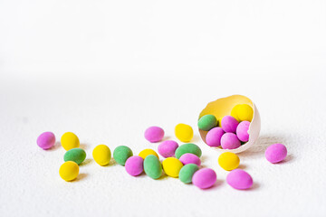 Close up of a pile of colorful chocolate coated candy