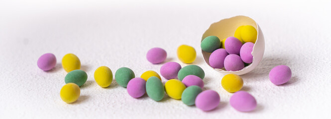 Close up of a pile of colorful chocolate coated candy