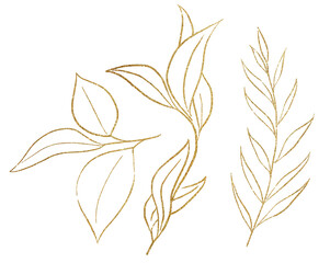 Fototapeta na wymiar Golden watercolor botanical leaves illustration