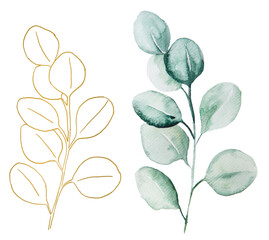 Green and Golden watercolor eucalyptus botanical leaves illustration © katrinshine