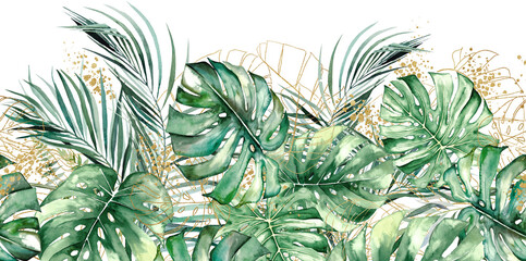 Seamless border with green and golden watercolor tropical leaves illustration